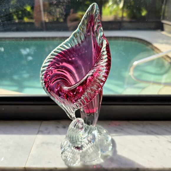 Cranberry to Clear Jack In The Pulpit Glass Vase Vintage Angelo Rossi - Picture 11 of 13